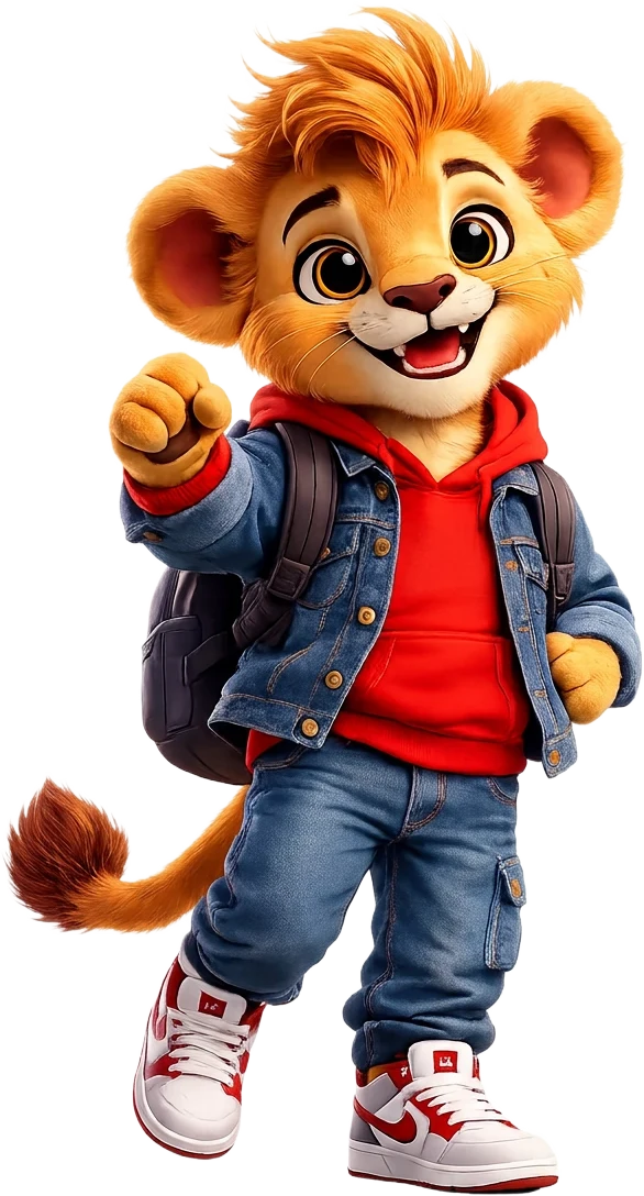 Baby–Toddler — Early Steps: Young lion in a denim jacket and red hoodie taking confident first steps