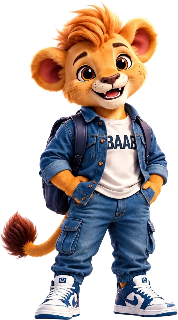 Toddler — The Explorer: Young lion in a denim jacket and jeans exploring