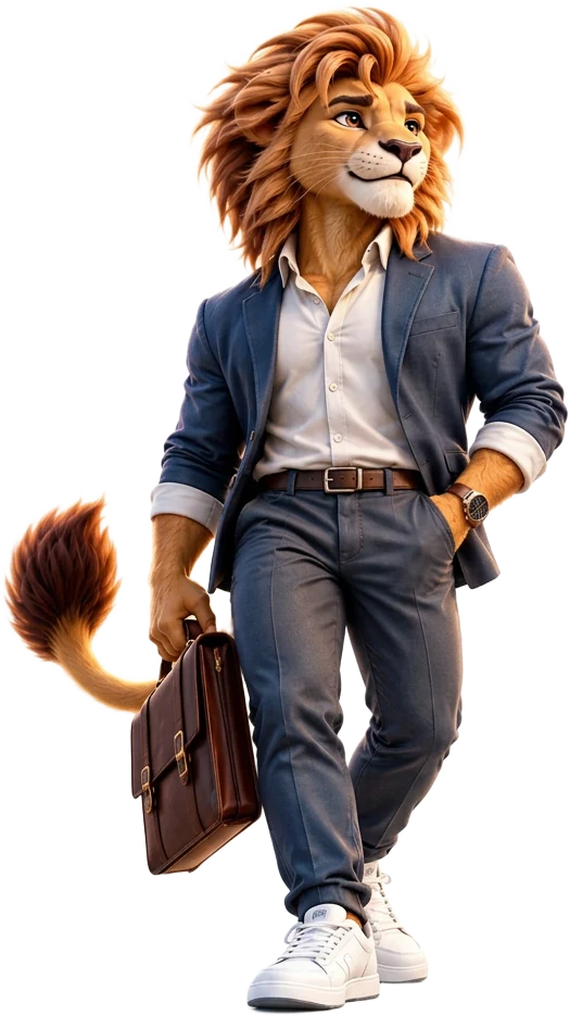 Teenager–Adult — The Scaler: Lion in a navy blazer carrying a briefcase, striding forward