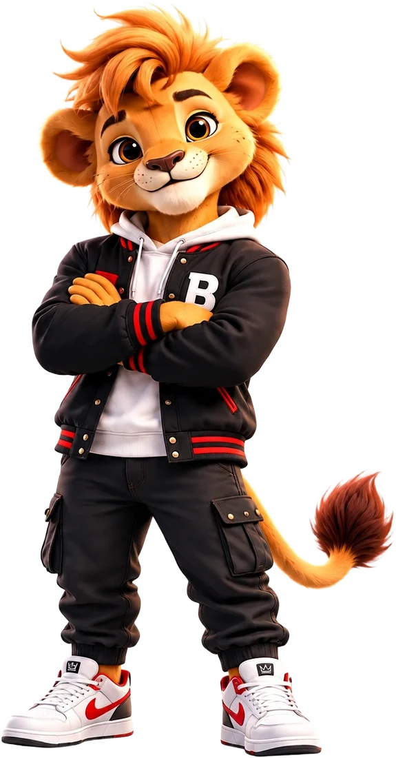 Teenager — The Challenger: Teenage lion with a developing mane in a black varsity jacket
