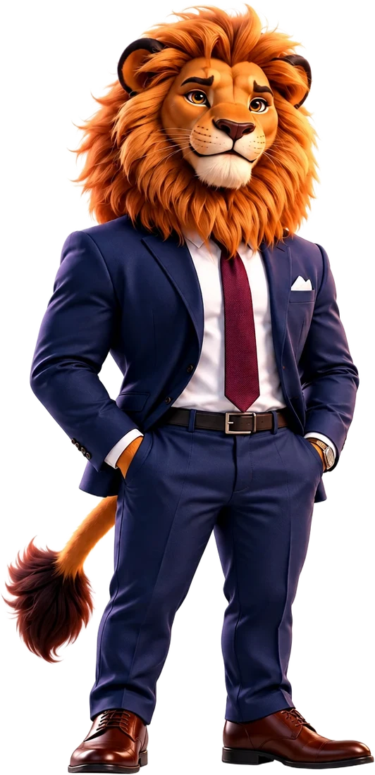 Adult — The King: Adult lion with a full mane in a navy suit