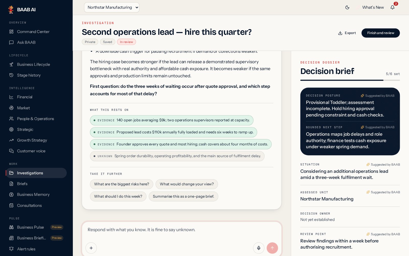 BAAB AI answering a hiring question for the sample company, with the decision brief beside it