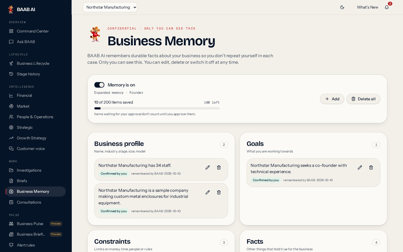 Business Memory listing facts BAAB remembered, each editable and deletable
